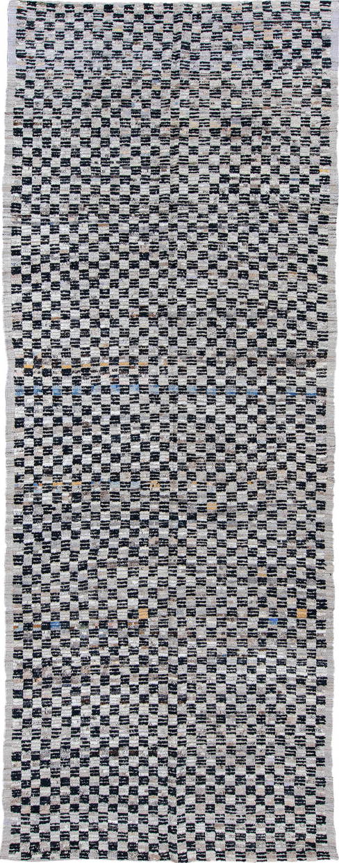 5' x 14' one-of-a-kind handmade vintage Tulu rug. Color palette: black, blue, brown, dark gray, dim gray, gainsboro, gray