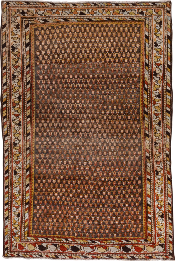4' x 6' one-of-a-kind handmade vintage Malayer small size rug. Color palette: brown, gray, light gray, off-white