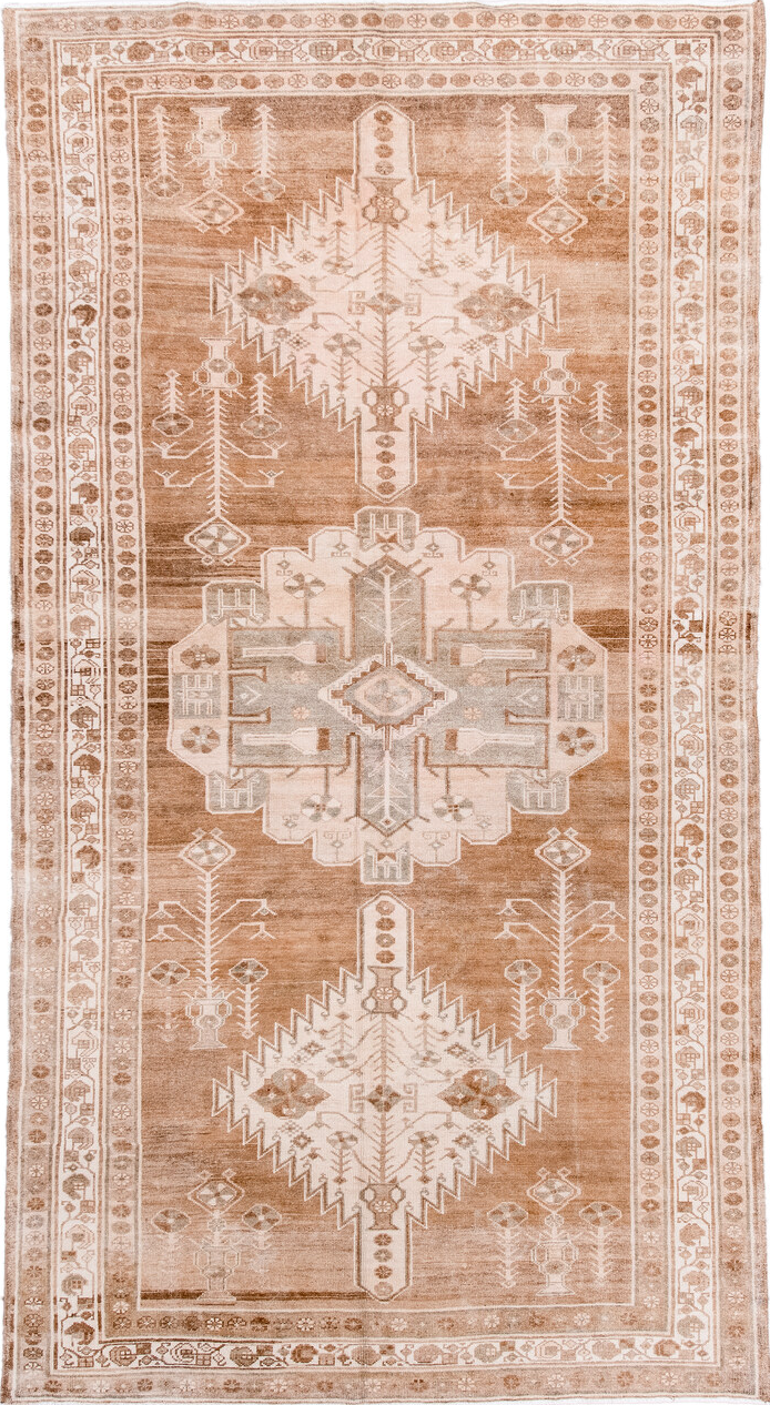 5' x 9' one-of-a-kind handmade vintage Hamadan medium size rug. Color palette: brown, gray, light gray, off-white, orange