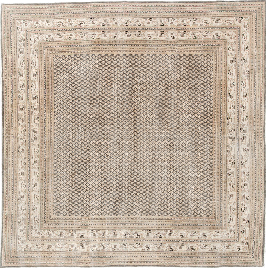 9' x 9' one-of-a-kind handmade vintage Saraband rug. Color palette: pink, off-white, gray, brown, light gray, antiquewhite