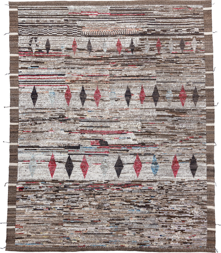 9' x 11' one-of-a-kind handmade vintage Tulu large size rug. Color palette: black, brown, gainsboro, gray, light gray, linen