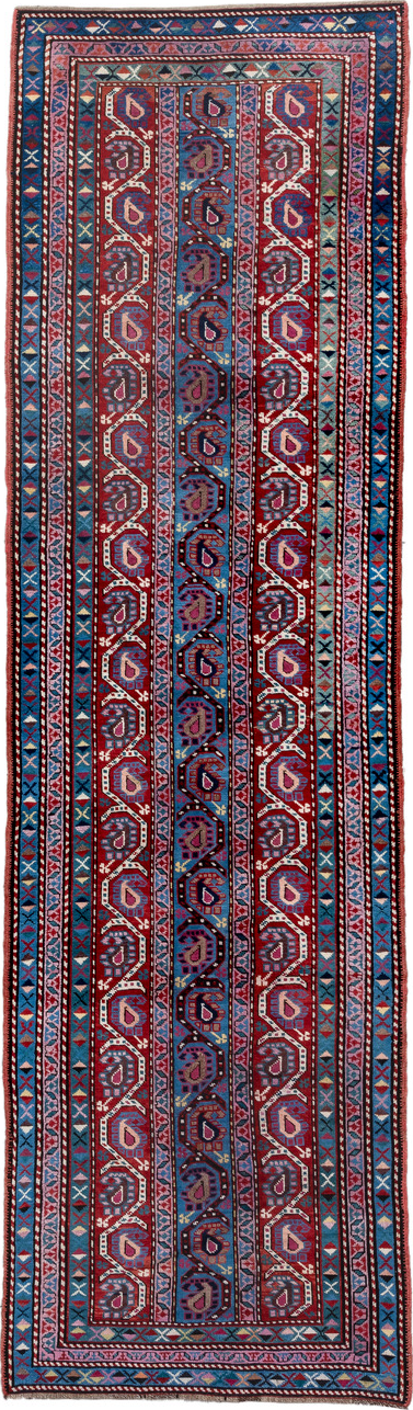 3' x 11' one-of-a-kind handmade vintage Caucasian runner rug. Color palette: black, blue, brown, fiord, gray, indian red