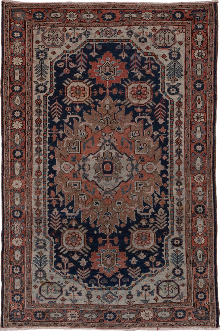 3' x 5' one-of-a-kind handmade vintage Heriz small size rug. Color palette: blue, brown, gray, red
