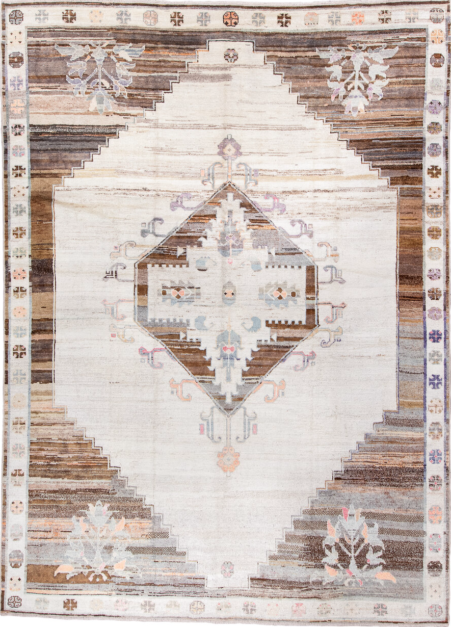 10' x 13' one-of-a-kind handmade vintage Kars large size rug. Color palette: blue, brown, dark gray, gainsboro, gray