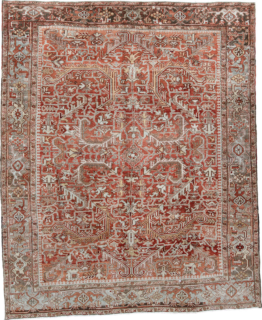 8' x 10' one-of-a-kind handmade vintage  large size rug. Color palette: brown, gray, light gray, off-white, pink, red