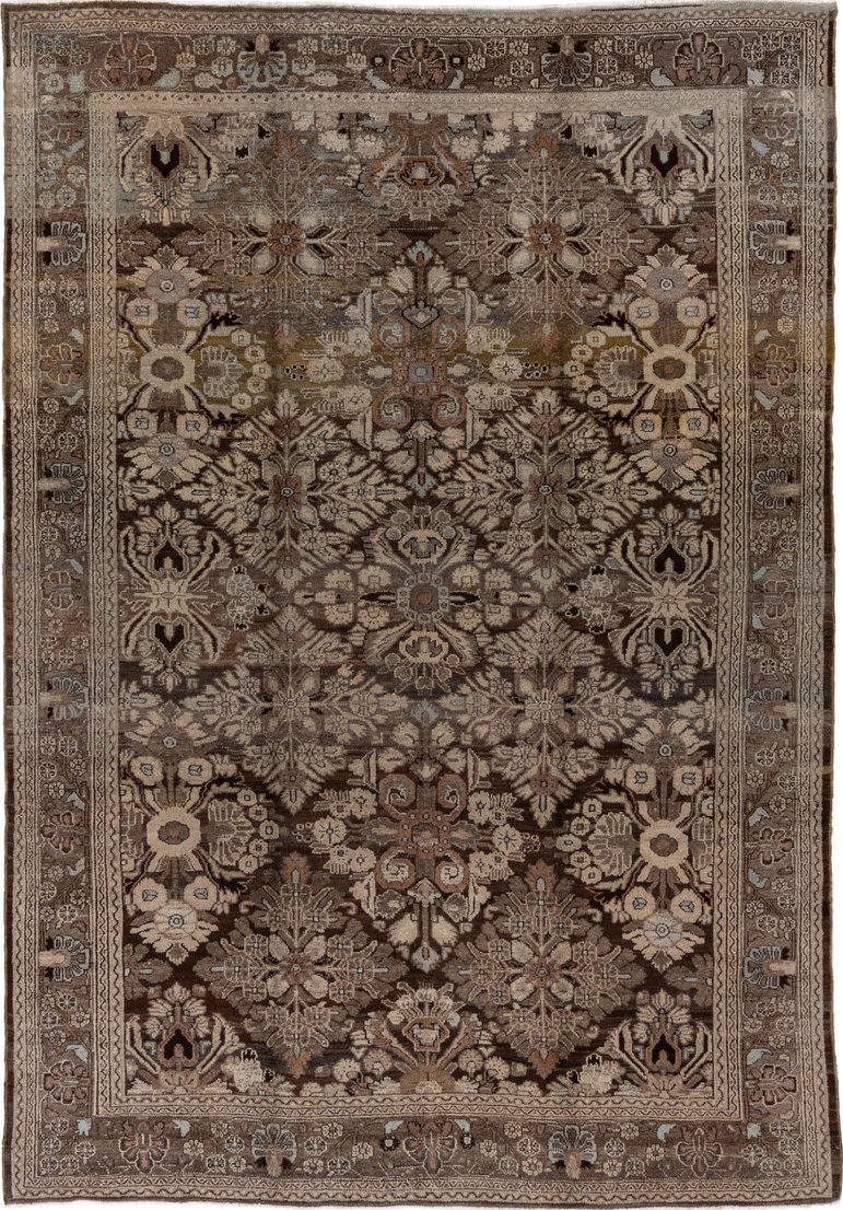 7' x 10' one-of-a-kind handmade vintage Malayer large size rug. Color palette: brown, gray, light gray