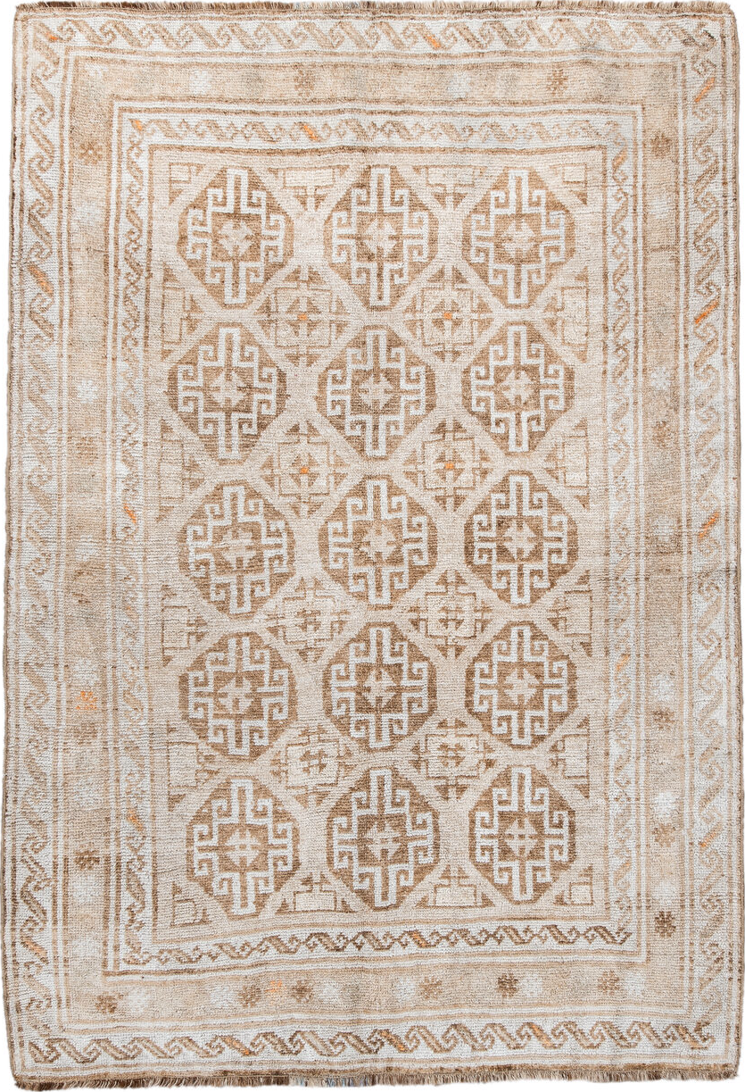 4' x 6' one-of-a-kind handmade vintage Gabbe small size rug. Color palette: antiquewhite, brown, gainsboro, gray, light gray
