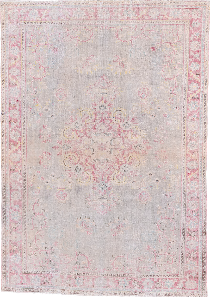 8' x 11' one-of-a-kind handmade vintage Sparta large size rug. Color palette: dark gray, gainsboro, gray, light gray, linen