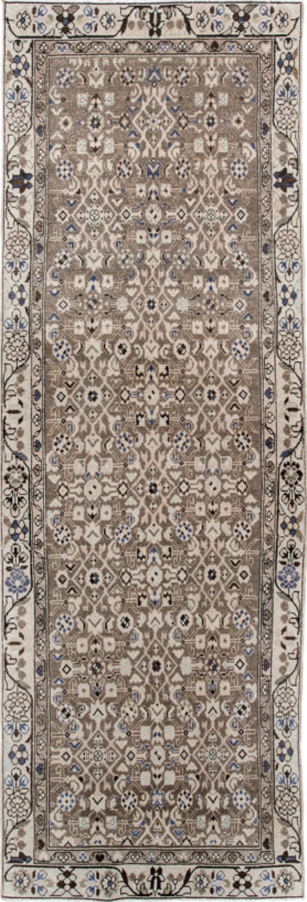 3' x 9' one-of-a-kind handmade vintage  runner rug. Color palette: blue, brown, dark gray, gray, light gray, off-white