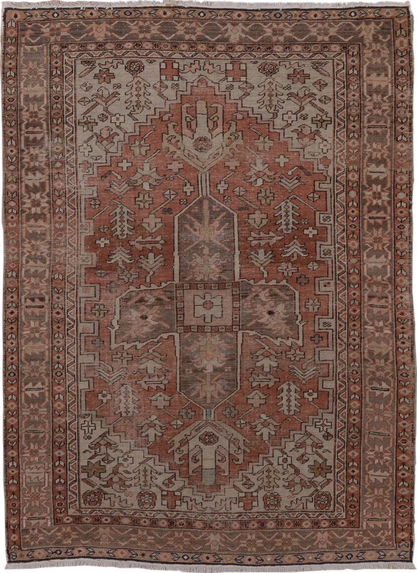 4' x 5' one-of-a-kind handmade vintage Serapi small size rug. Color palette: brown, gray, pink, red, redwood