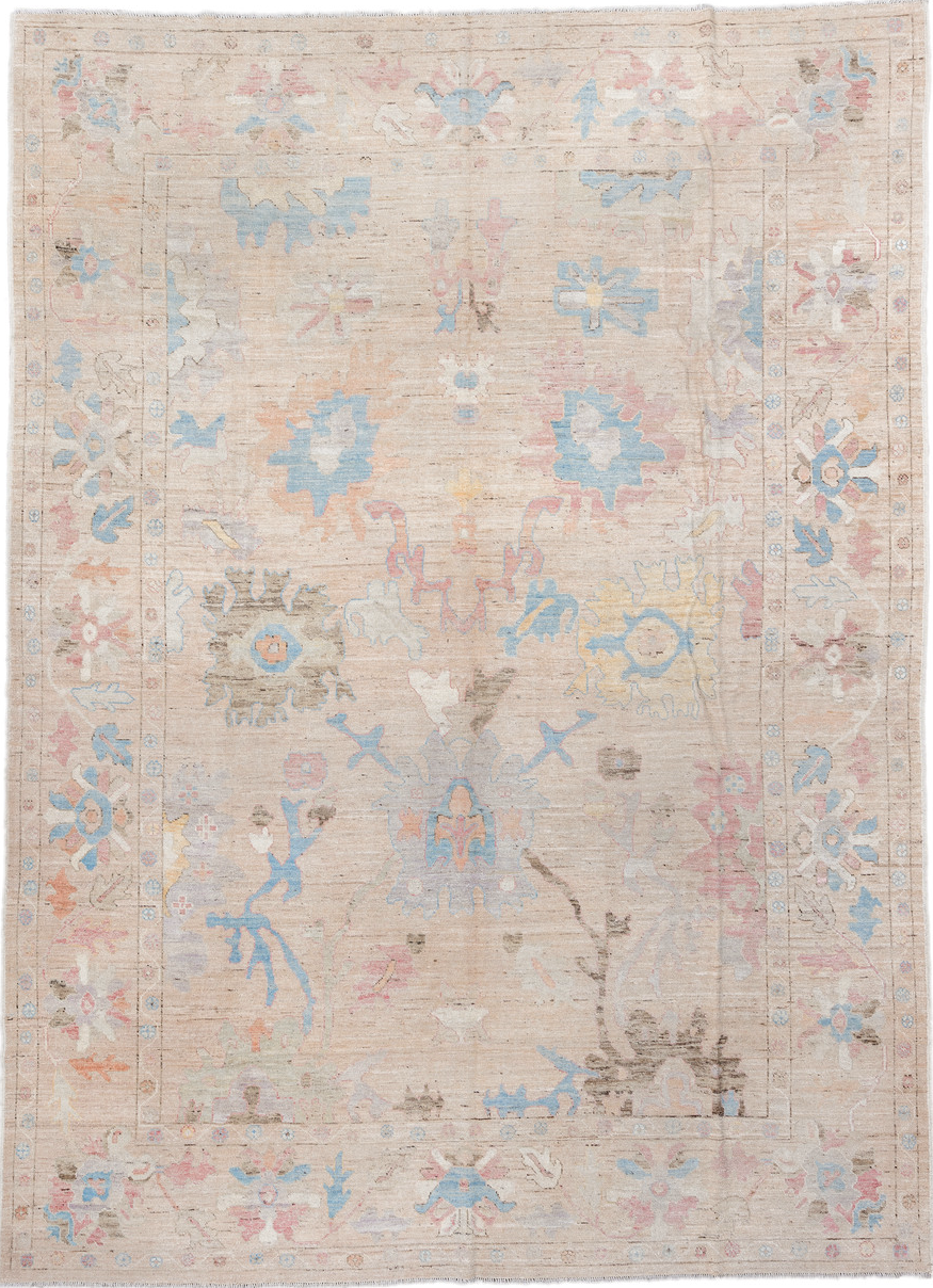 9' x 13' one-of-a-kind handmade vintage Oushak large size rug. Color palette: gainsboro, gray, light blue, light gray