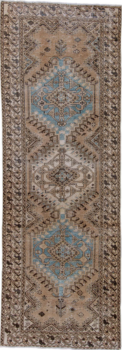 3' x 11' one-of-a-kind handmade vintage Heriz runner rug. Color palette: black, blue, brown, dim gray, gray, light gray