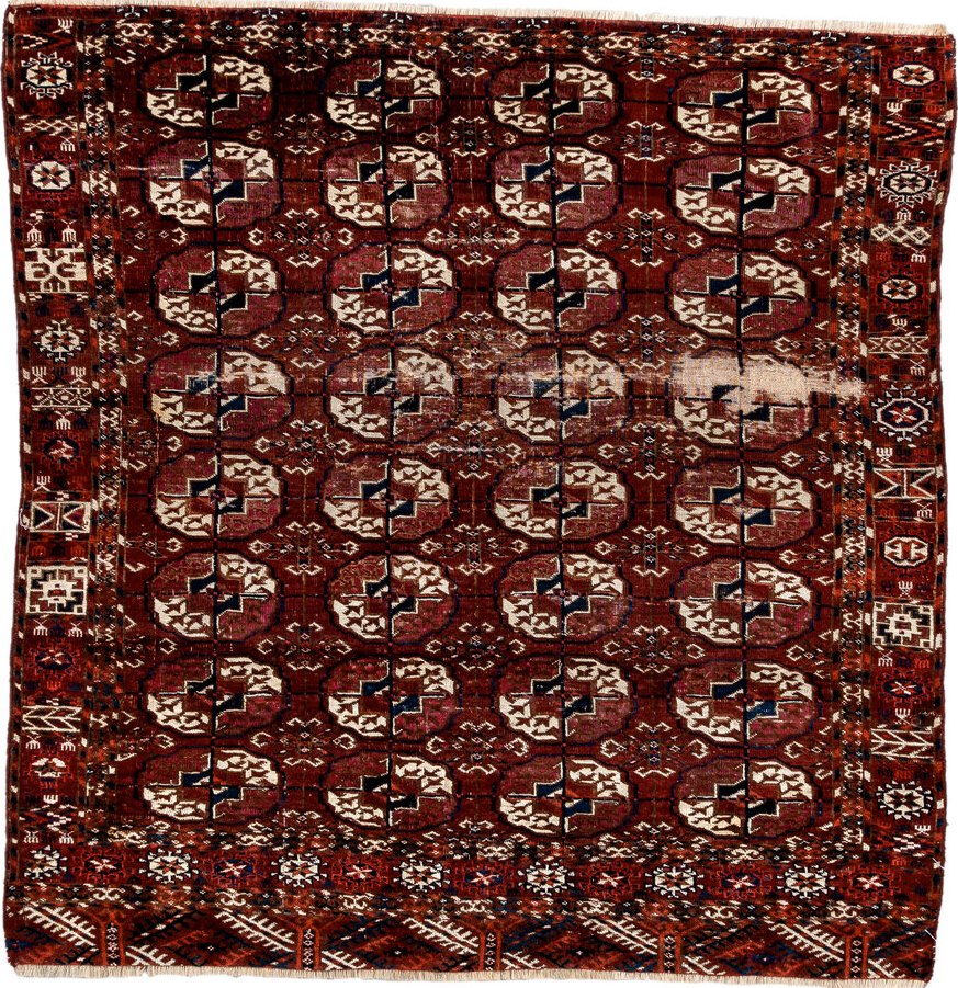 3' x 3' one-of-a-kind handmade vintage Torkaman small size rug. Color palette: antiquewhite, blanched almond, brown, gray