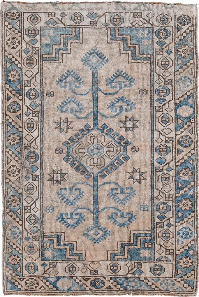 2' x 3' one-of-a-kind handmade vintage Oushak small size rug. Color palette: black, blue, dark gray, gainsboro, gray