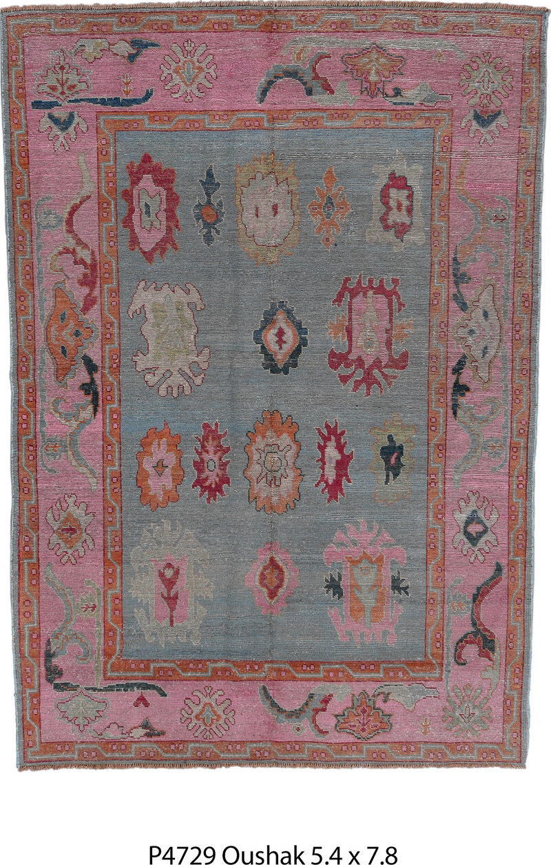 5' x 7' one-of-a-kind handmade vintage Oushak rug. Color palette: black, brown, charcoal, dark gray, gray, light gray, pink