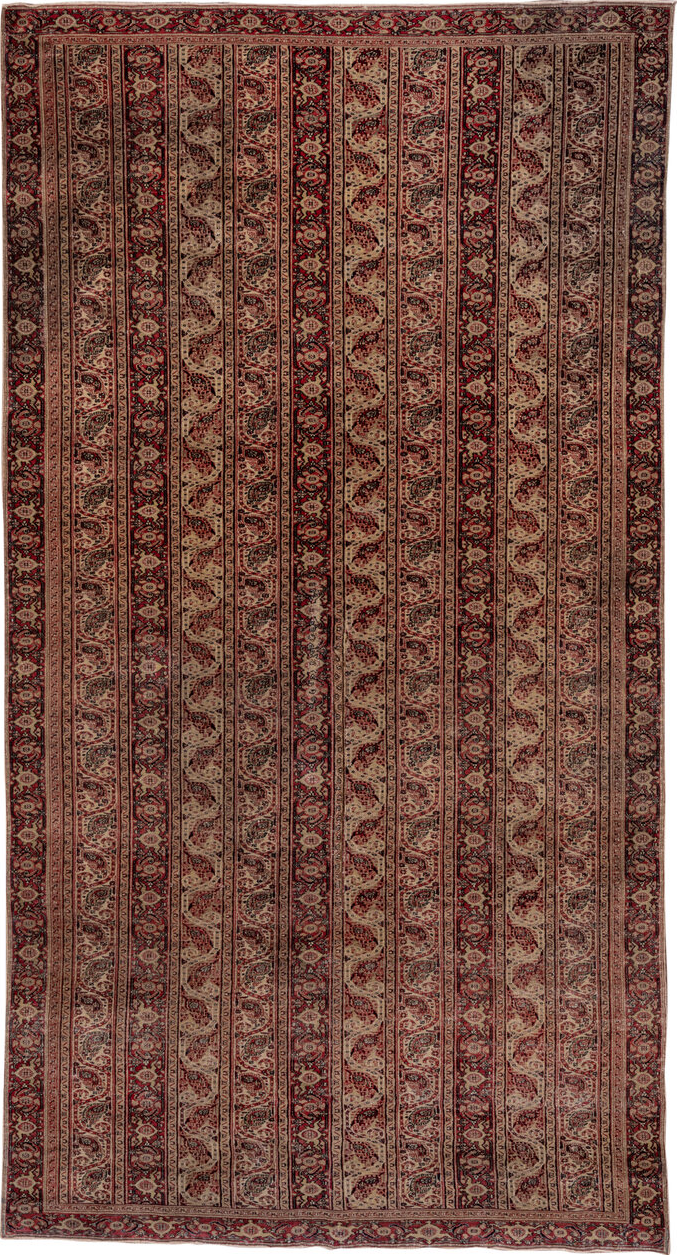 4' x 8' one-of-a-kind handmade vintage Khorassan rug. Color palette: brown, pink, red