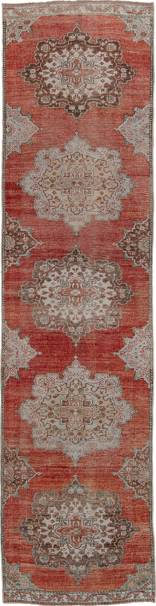 3' x 12' one-of-a-kind handmade vintage Oushak runner rug. Color palette: brown, gray, light gray, off-white, orange, pink