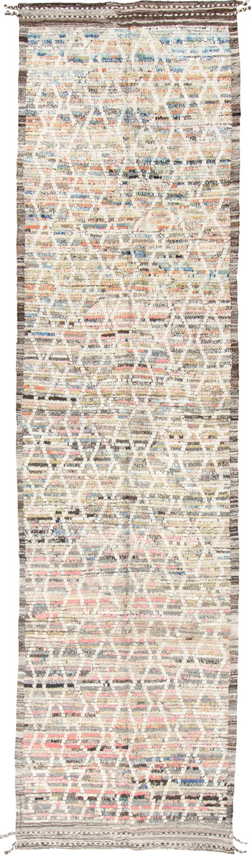 3' x 12' one-of-a-kind handmade vintage Tulu runner rug. Color palette: blue, brown, gray, indian red, light gray, off-white