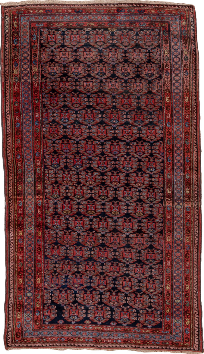 3' x 6' one-of-a-kind handmade vintage Kurd small size rug. Color palette: blue, brown, gray, off-white, pink, red, snow