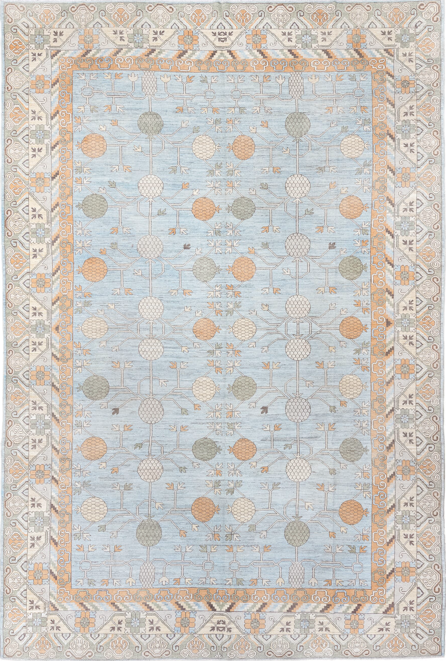 13' x 19' one-of-a-kind handmade vintage Khotan oversize rug. Color palette: brown, dark gray, gainsboro, gray, light blue