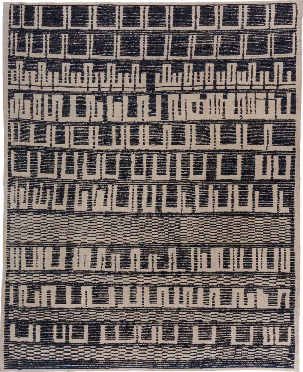 10' x 12' one-of-a-kind handmade vintage Tulu large size rug. Color palette: black, blue, charcoal, dark gray, dim gray