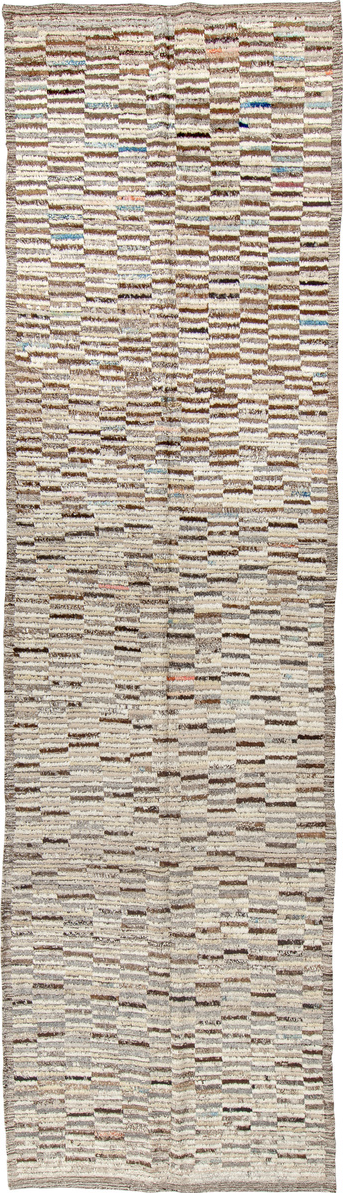 3' x 12' one-of-a-kind handmade vintage Tulu runner rug. Color palette: brown, dark gray, gainsboro, gray, light gray, linen