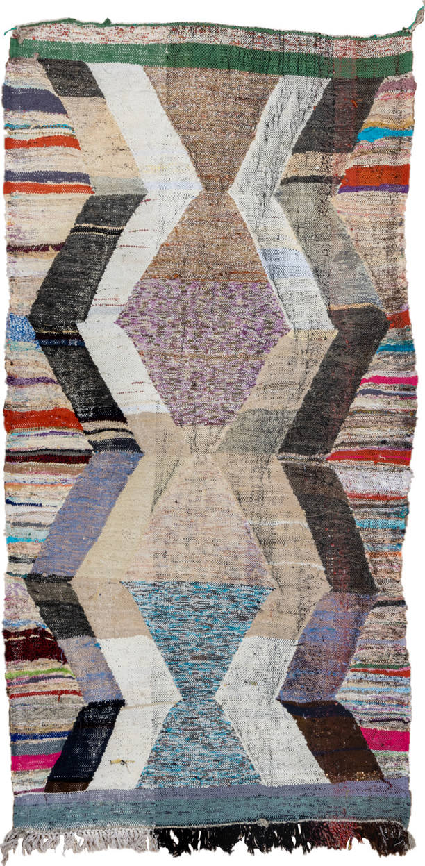 4' x 8' one-of-a-kind handmade vintage Rag Rug rug. Color palette: black, blue, brown, gainsboro, gray, light gray