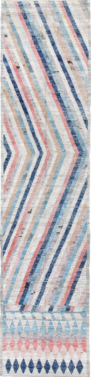 3' x 13' one-of-a-kind handmade vintage Tulu runner rug. Color palette: blue, gainsboro, gray, light blue, light gray