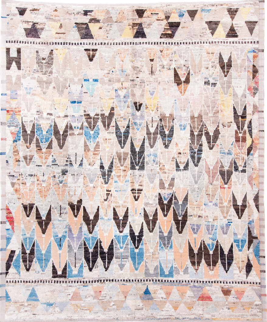 12' x 15' one-of-a-kind handmade vintage Tulu oversize rug. Color palette: black, blue, brown, dark gray, dim gray, gray