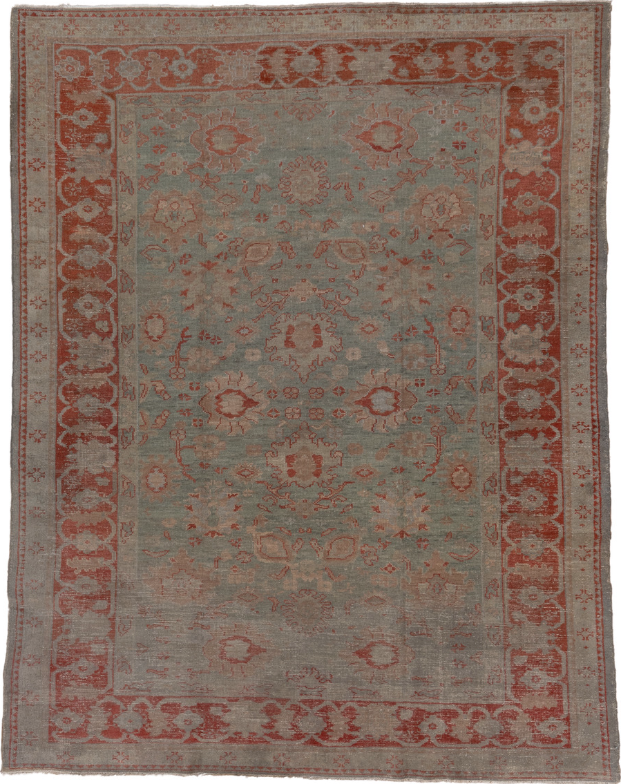 7' x 9' one-of-a-kind handmade vintage Oushak rug. Color palette: brown, gray, pink, red, wine