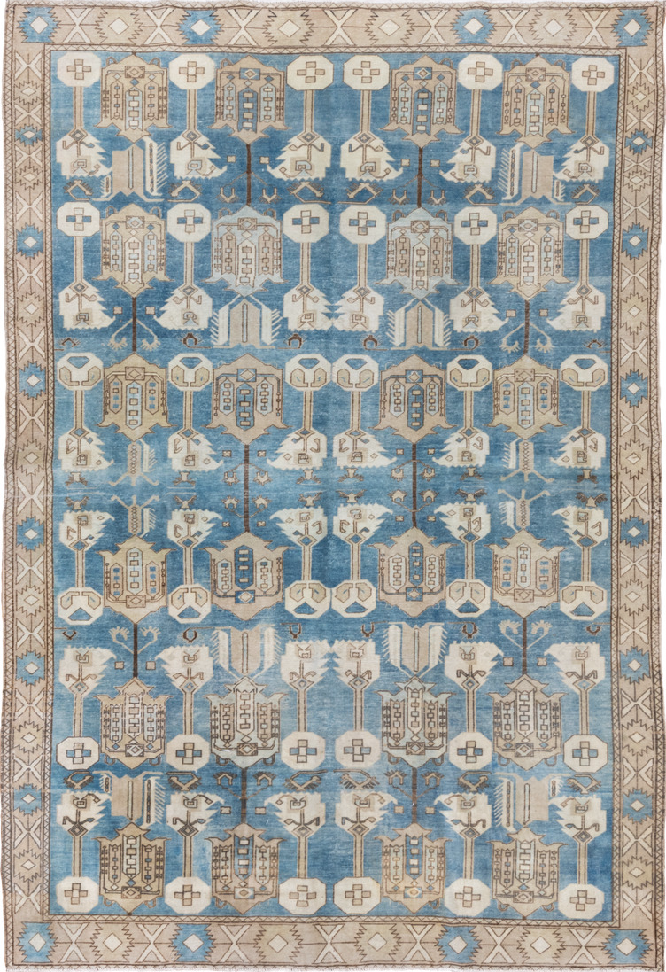 6' x 10' one-of-a-kind handmade vintage Oushak large size rug. Color palette: blue, brown, dark gray, gray, light gray