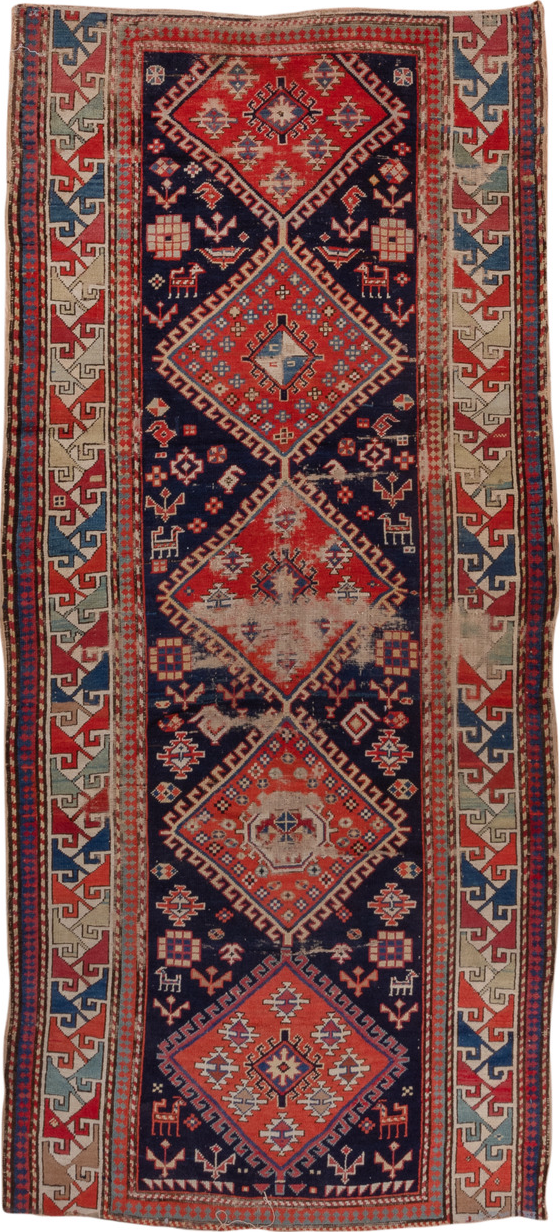 4' x 9' one-of-a-kind handmade vintage Shirvan runner rug. Color palette: blue, brown, gray, pink, red, redwood