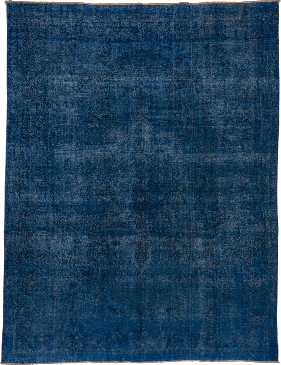 9' x 12' one-of-a-kind handmade vintage Overdyed large size rug. Color palette: arapawa, blue, fiord, ghost white, gray