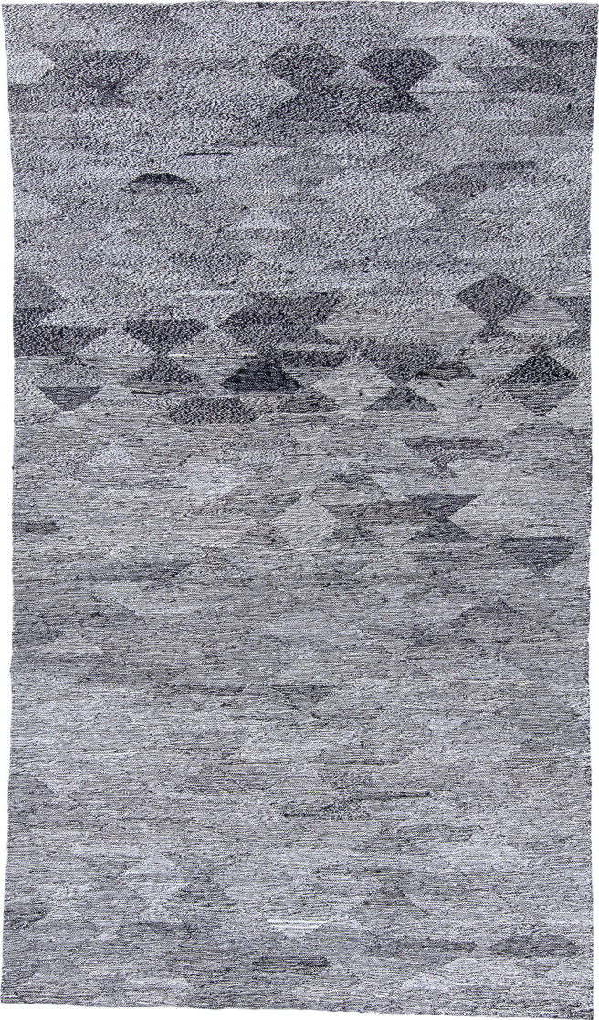 4' x 8' one-of-a-kind handmade vintage Kilim runner rug. Color palette: black, blue, dim gray, gainsboro, gray, light blue