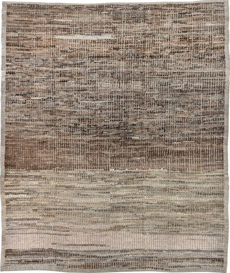 8' x 9' one-of-a-kind handmade vintage Tulu rug. Color palette: black, brown, dark gray, gray, light gray, off-white, silver