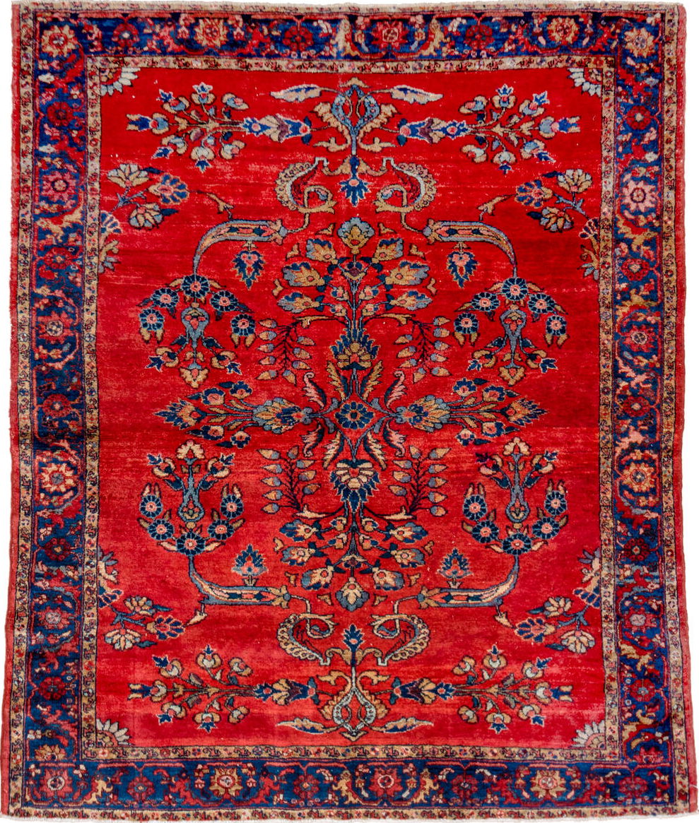 5' x 6' one-of-a-kind handmade vintage Lilian rug. Color palette: black, blue, brown, gray, light gray, light slate gray