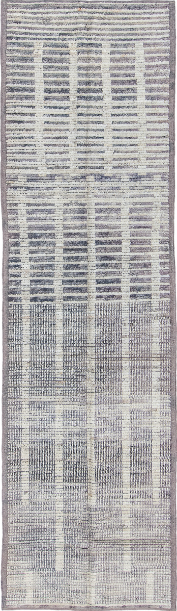 3' x 11' one-of-a-kind handmade vintage Tulu runner rug. Color palette: blue, dark gray, dim gray, gainsboro, gray