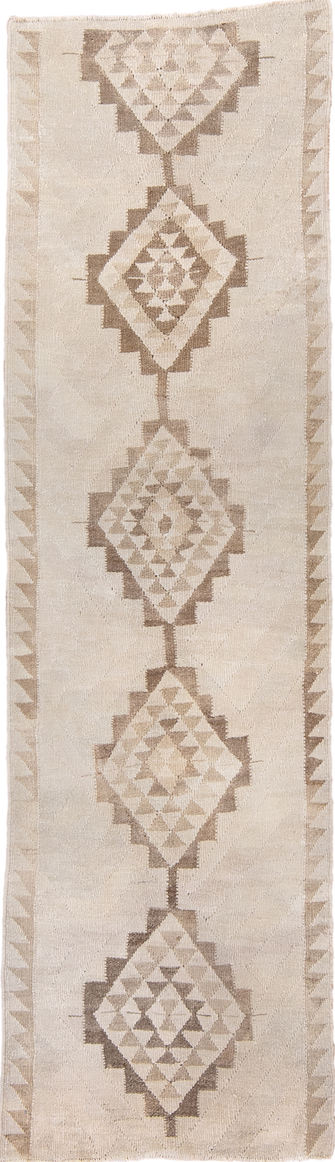 2' x 9' one-of-a-kind handmade vintage Kilim runner rug. Color palette: brown, gray, light gray, off-white, pink, snow