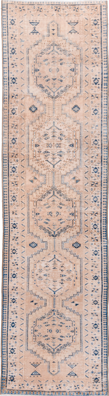 3' x 11' one-of-a-kind handmade vintage Sarab runner rug. Color palette: blue, dark gray, fiord, gray, light gray, off-white