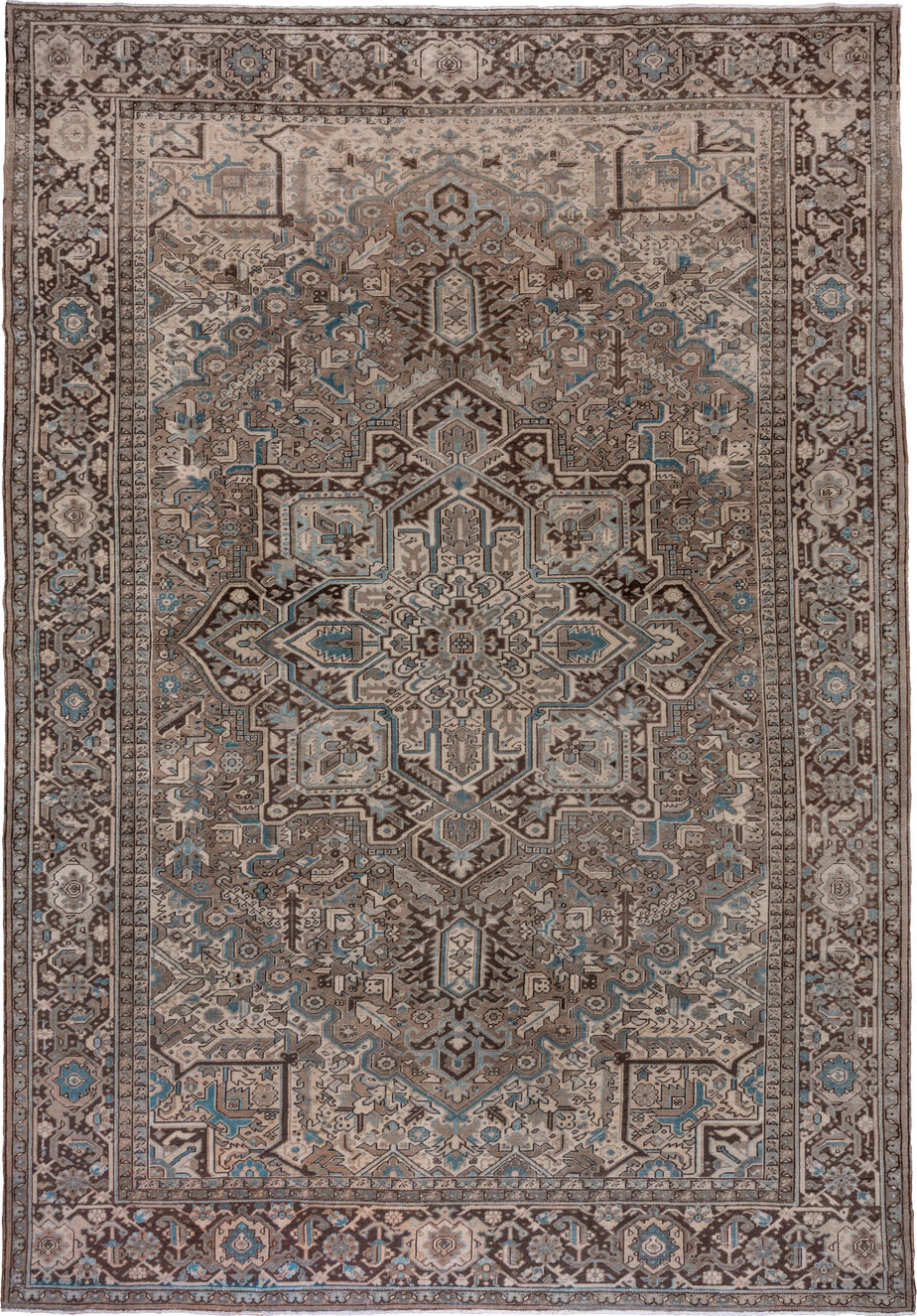 11' x 16' one-of-a-kind handmade vintage Heriz oversize rug. Color palette: blue, brown, dim gray, gray, light gray