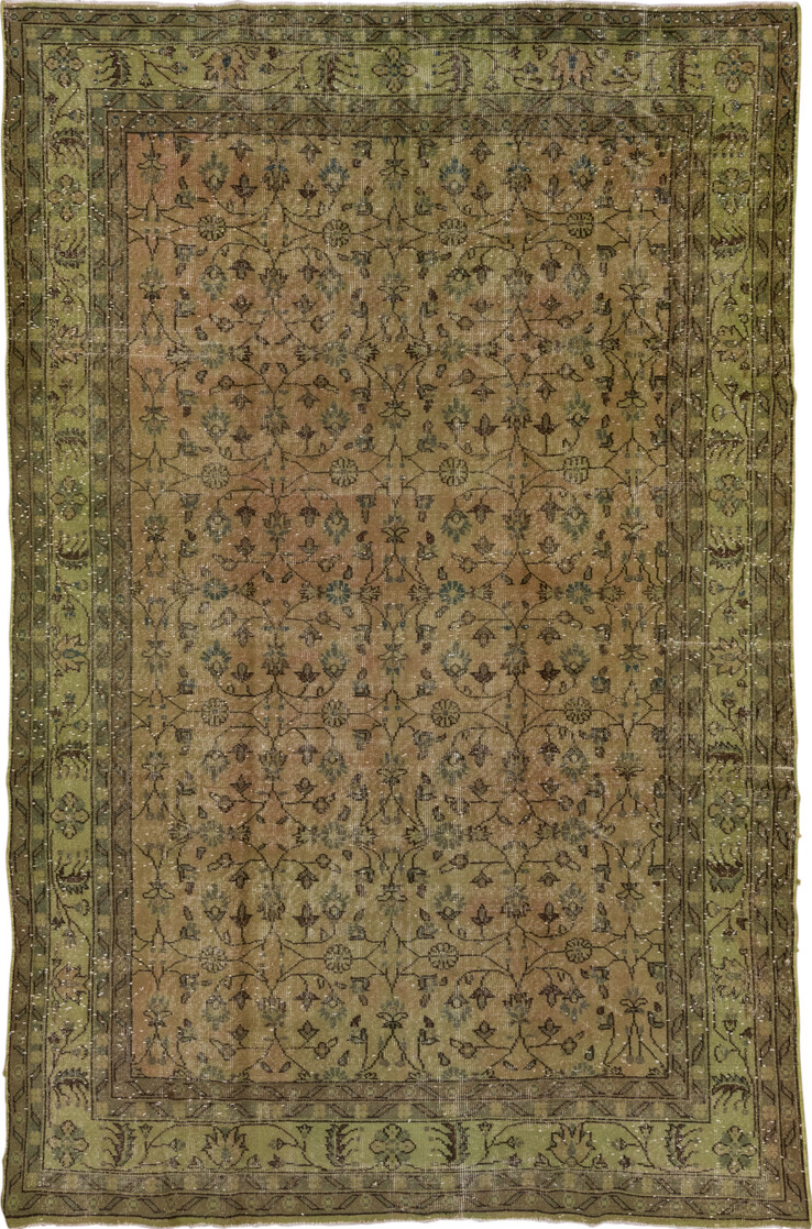 6' x 10' one-of-a-kind handmade vintage Overdyed large size rug. Color palette: brown