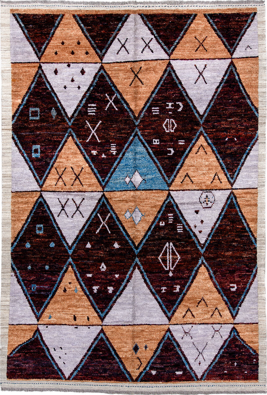 6' x 9' one-of-a-kind handmade vintage Tulu medium size rug. Color palette: black, blue, brown, gray, lavender