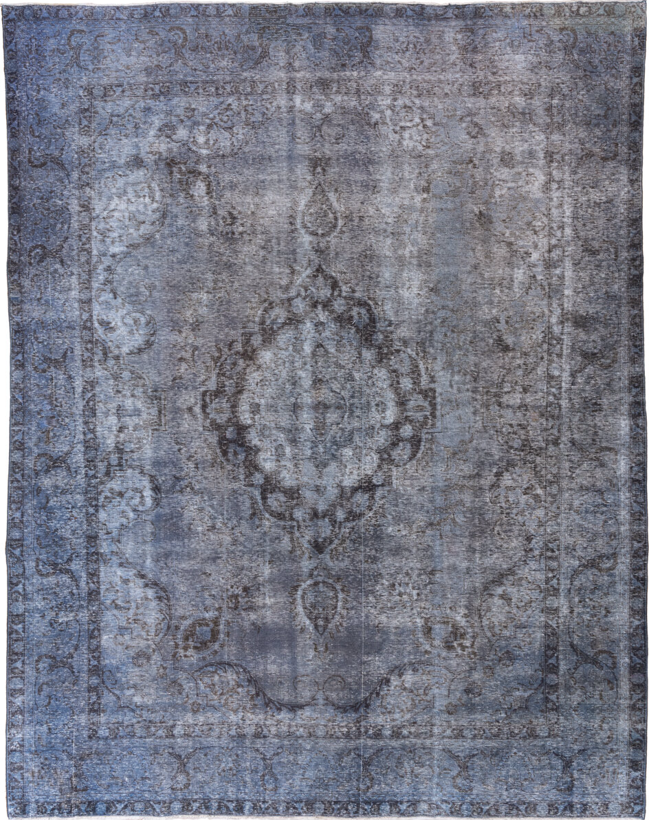 9' x 12' one-of-a-kind handmade vintage Overdyed large size rug. Color palette: black, blue, charcoal, fiord, gray
