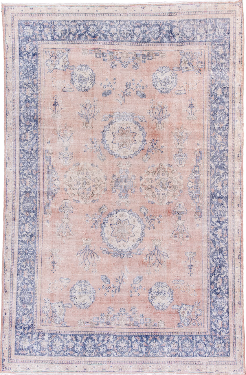 7' x 12' one-of-a-kind handmade vintage Sparta large size rug. Color palette: blue, gray, light blue, light gray, off-white