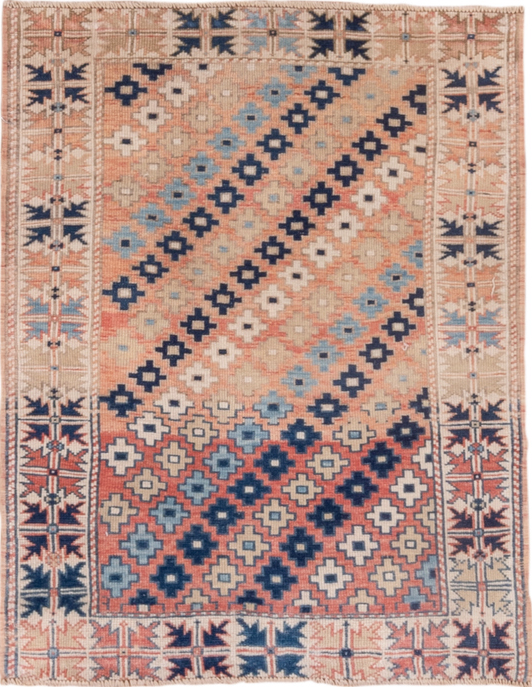 2' x 3' one-of-a-kind handmade vintage Oushak small size rug. Color palette: blue, brown, gray, light gray, off-white, pink