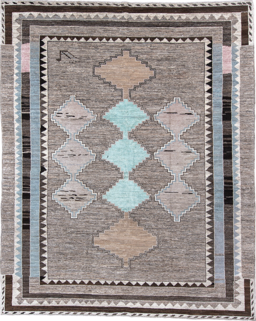 9' x 11' one-of-a-kind handmade vintage Kars large size rug. Color palette: gray, light blue, light gray, off-white, black