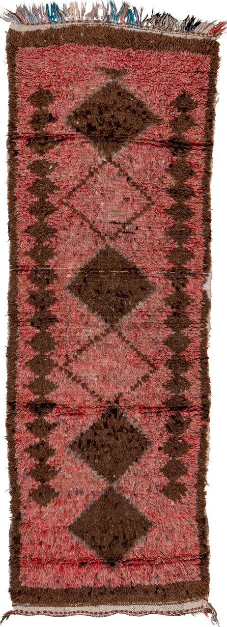 2' x 8' one-of-a-kind handmade vintage Moroccan runner rug. Color palette: pink, brown, red, black