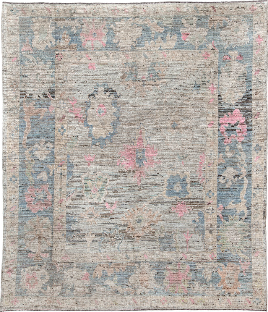 8' x 9' one-of-a-kind handmade vintage Oushak rug. Color palette: dark gray, dim gray, gainsboro, gray, light gray