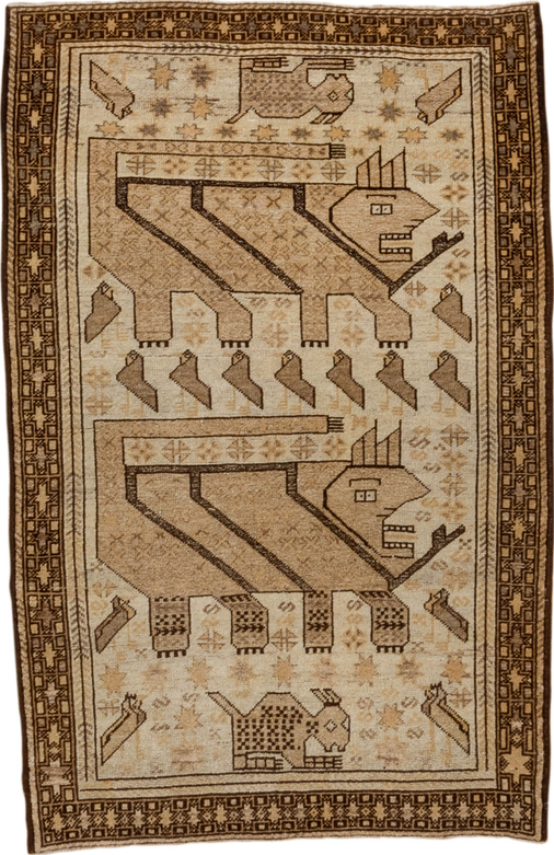 3' x 4' one-of-a-kind handmade vintage Belouch small size rug. Color palette: brown, gray, light gray, off-white