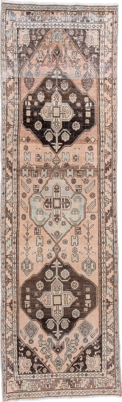 3' x 10' one-of-a-kind handmade vintage Hamadan runner rug. Color palette: black, brown, gray, light gray, off-white, orange